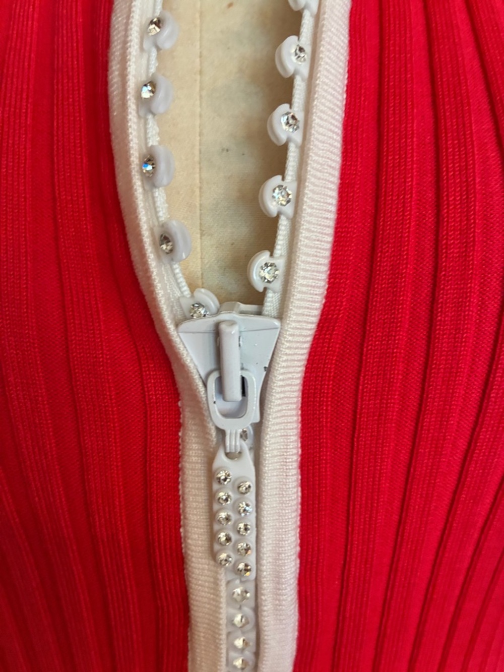 Belldini Coral Knit Cardigan Rhinestone Embellished Zipper White Trim Red Pink - Picture 8 of 10